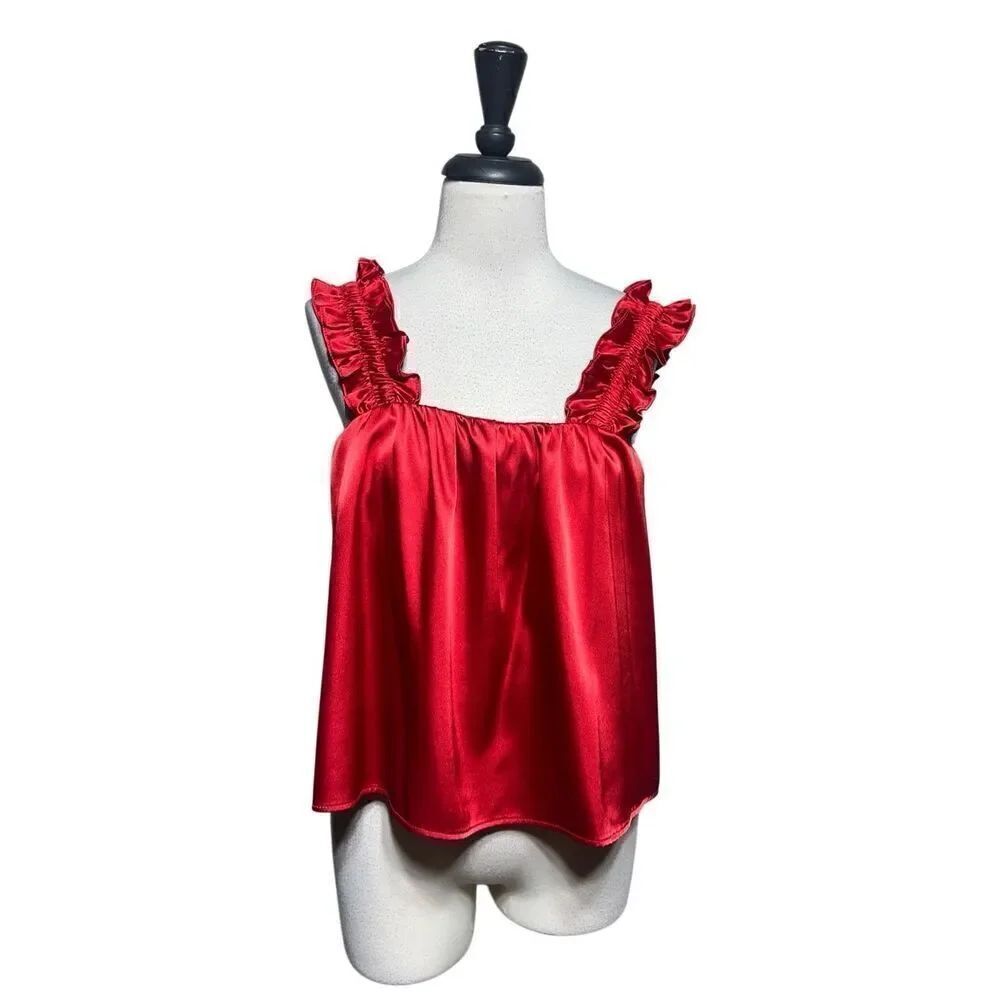 Adrienne Ruffled Red Silky Summer Blouse Size Small